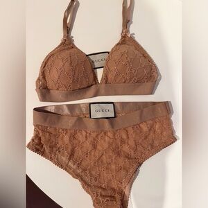 New Gucci Lace Bralette and Brief Set in Warm Camel